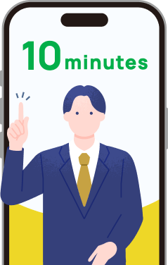 「10 minutes」と表示されたスマートフォンと、指を立てて説明する男性