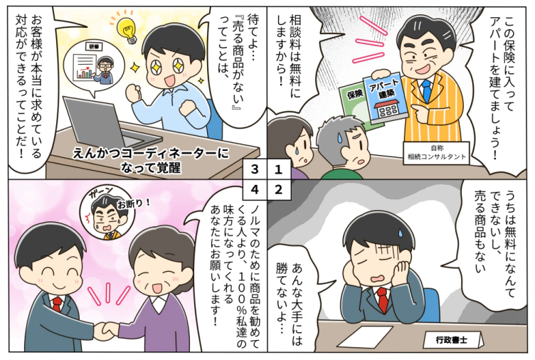 4コマ漫画。相談料無料で保険やアパート建築を勧める大手に「売る商品もない」と落ち込む行政書士。えんかつ相続コーディネーターになり、お客様が本当に求める対応ができると気づき、「あなたにお願いします」と選ばれる。